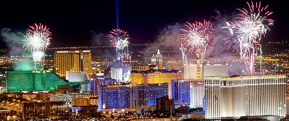 The fireworks show over 'The Strip' of Las Vegas, looking south, during New Year celebrations, January 1, 2003.