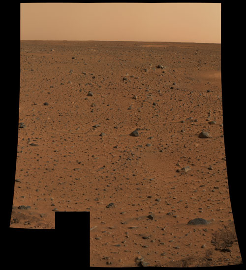 First color image of Mars, the highest resolution picture ever taken of another planet, captured by the Mars Exploration Rover Spirit, January 6, 2004.