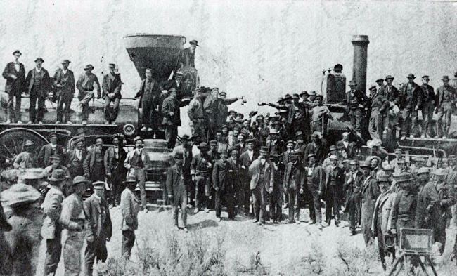The meeting of the Union Pacific and Central Pacific at Promontory Summit, May 10, 1869.