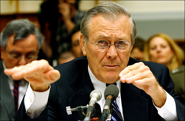 Secretary Donald H. Rumsfeld testifying before the Senate Armed Services Committee, Washington, February 4, 2004.