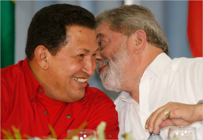 President Hugo Chávez of Venezuela, and President Luiz Inácio Lula da Silva meet as they were warned of the regions vulnerability to the financial crisis in the United States, Brazil, September 30, 2008.