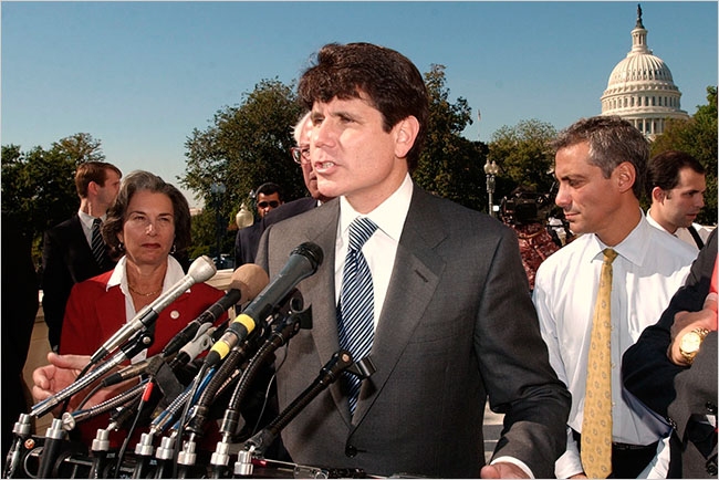 Representatives Jan Schakowsky and Rahm Emanuel, right, with Illinois Governor Rod R. Blagojevich at a news conference, 2003.