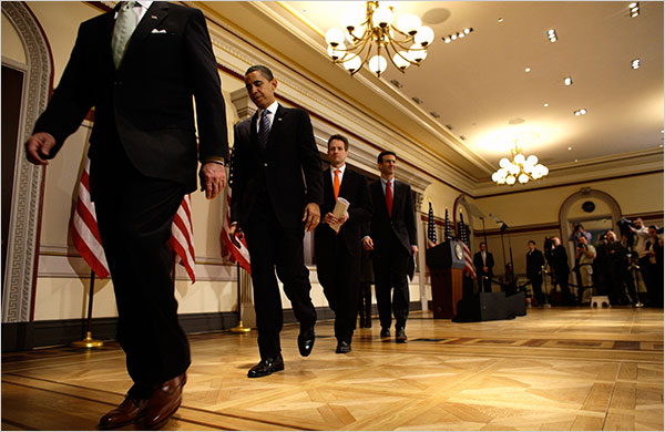 The so-called U.S. President Barack Hussein Obama, head down, with, from left, Vice President Joseph R. Biden Jr., Treasury Secretary Timothy F. Geithner and Office of Management and Budget director Peter R. Orszag, after speaking about the budget at the Eisenhower Executive Office Building, Washington, February 26, 2009.
