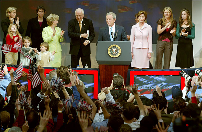 U.S. President George W. Bush with Vice President Dick Cheney and their family members as Bush and Cheney claim election victory at the Ronald Reagan Building, November 3, 2004.