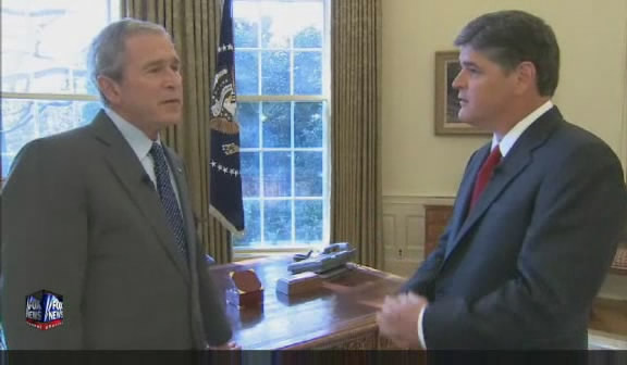 A snapshot from Fox News' Sean Hannity interview with U.S. President George W. Bush, Oval Office, January 18, 2009.
