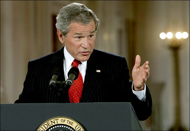 U.S. President George W. Bush responds to reporters' questions during a White House news conference, April 28, 2005.