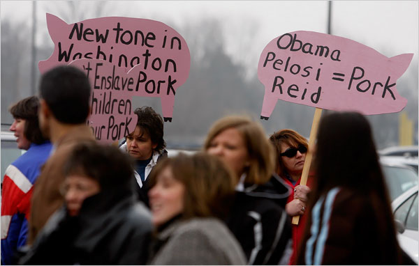 People of Indiana demonstrate against the stimulus package inside and outside the town hall meeting, where the so-called President of the U.S. Barack Hussein Obama took his case for an $800 billion economic recovery package to, Concord Community High School, Elkhart, February 9, 2008.