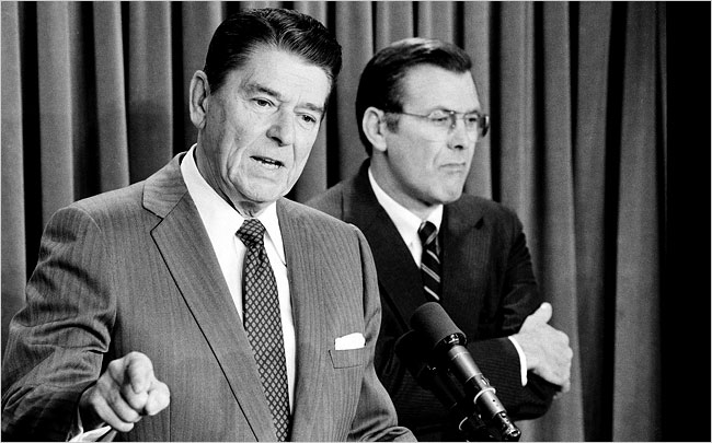 U.S. President Ronald Reagan with his Middle East envoy Donald H. Rumsfeld, 1980s.