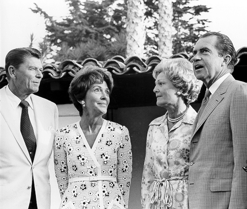 Governor of California Ronald Reagan and his wife Nancy during a meeting with then-President Richard Nixon and First Lady Pat Nixon, July 1970.