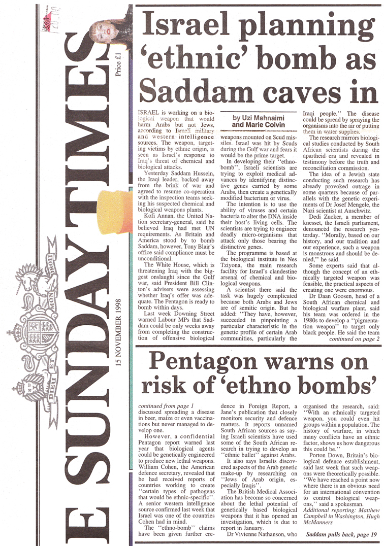 The Sunday Times article on Israeli ethnic bomb, November 15, 1998, page 1.