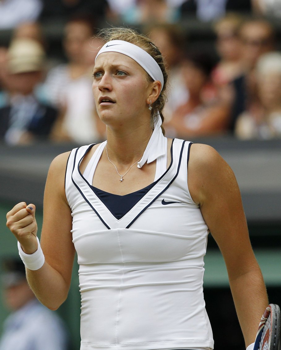 Czech Republic's Petra Kvitova reacts during the Women's Final of the 125th Wimbledon Championships against Maria Sharapova of Russia at the All England Lawn Tennis Championships at Wimbledon, London, July 2, 2011.