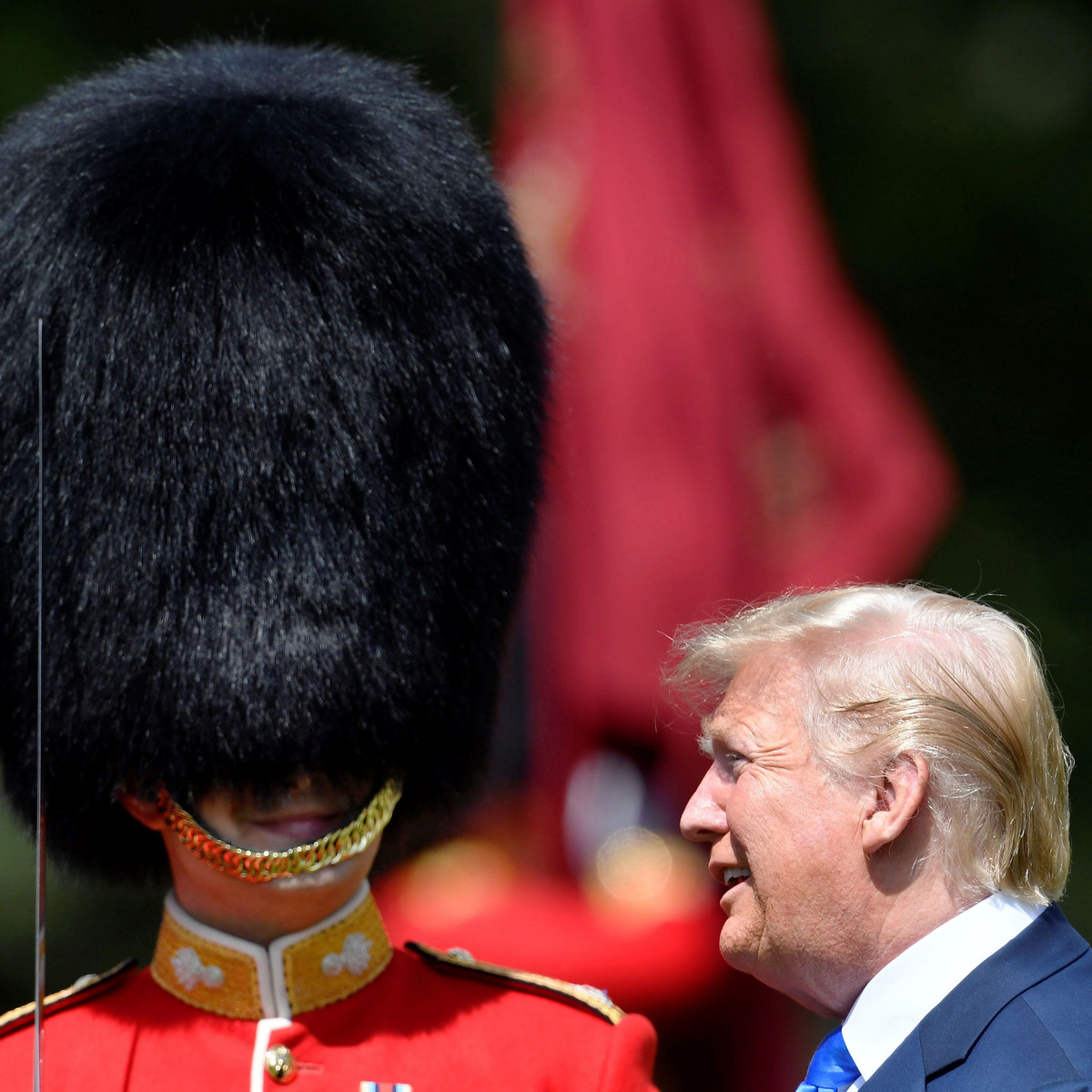 US President Donald Trump reviews an honor guard during a ceremonial welcome in the garden of Buckingham Palace on the opening day of a three day state visit to Britain, London, June 3, 2019.