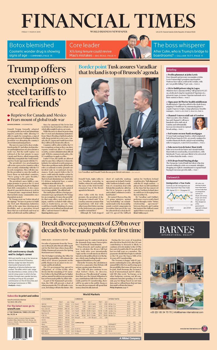 Financial Times Page 1, March 09, 2018.