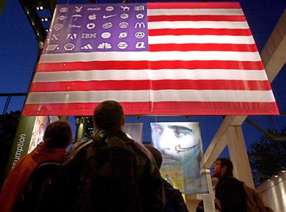 Anti-globalization activists' US flag, Leopolda Station, Florence, Italy, November 8, 2002.