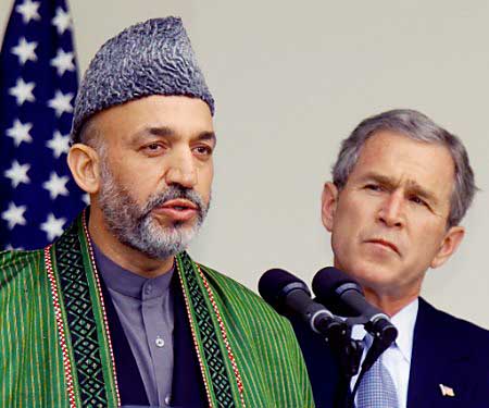 Hamid Karzai and George W. Bush, the Rose Garden, White House, Washington, January 28, 2002.