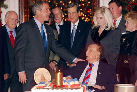 Vice President Dick Cheney, President George W. Bush, Senator Trent Lott, former President George H. W. Bush, daughter Julie Thurmond Whitmer and wife Nancy Thurmond celebrate the 100th birthday of Senator Strom Thurmond, White House, December 6, 2002.