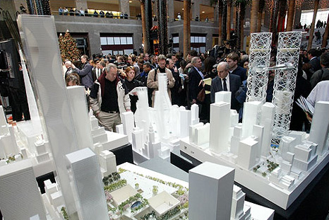 Two of the three Think Group designs for the World Trade Center, New York, December 18, 2002.