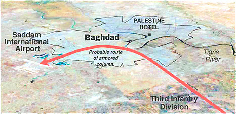 Map of a brief tanks march through Baghdad, April 5, 2003.