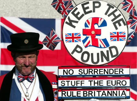 An anti-Euro protester the day Chancellor Gordon Brown announced a not-yet Euro joining decision, Westminster, London, June 9, 2003.