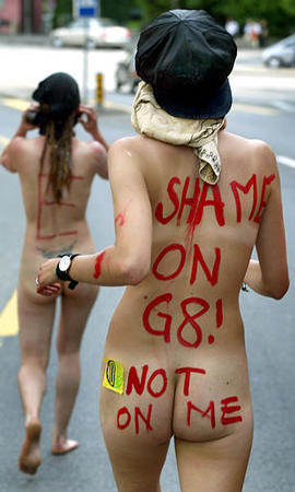 Two nude female anti-G8 protesters, Lausanne, Switzerland, May 31, 2003.