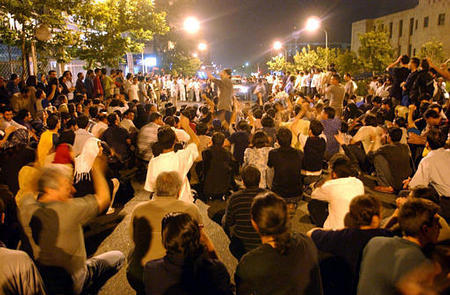 Iranian students chant slogans during a large demonstration against the hard-line clerics that rule the country, June 10, 2003.