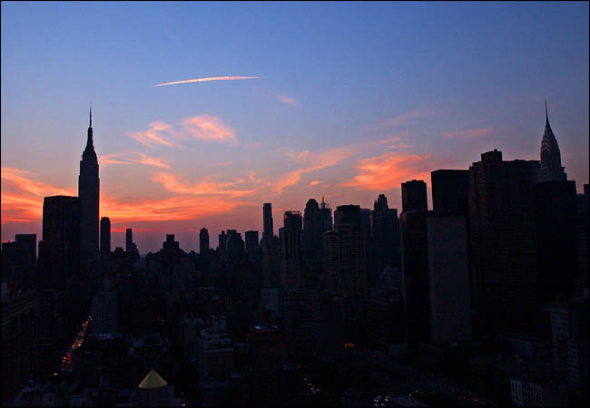 The New York City skyline during the blackout, dusk of August 14, 2003.