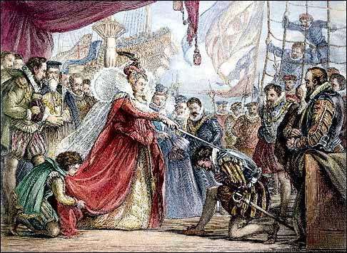 Queen Elizabeth I confers knighthood on Captain Francis Drake.