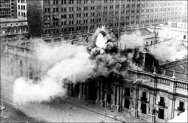 Warplanes bombing La Moneda presidential palace, Santiago, September 11, 1973.