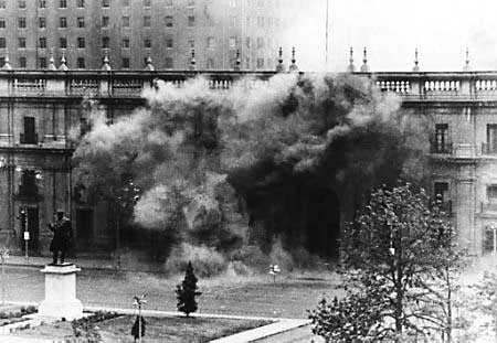 Warplanes bombing La Moneda presidential palace, Santiago, September 11, 1973.