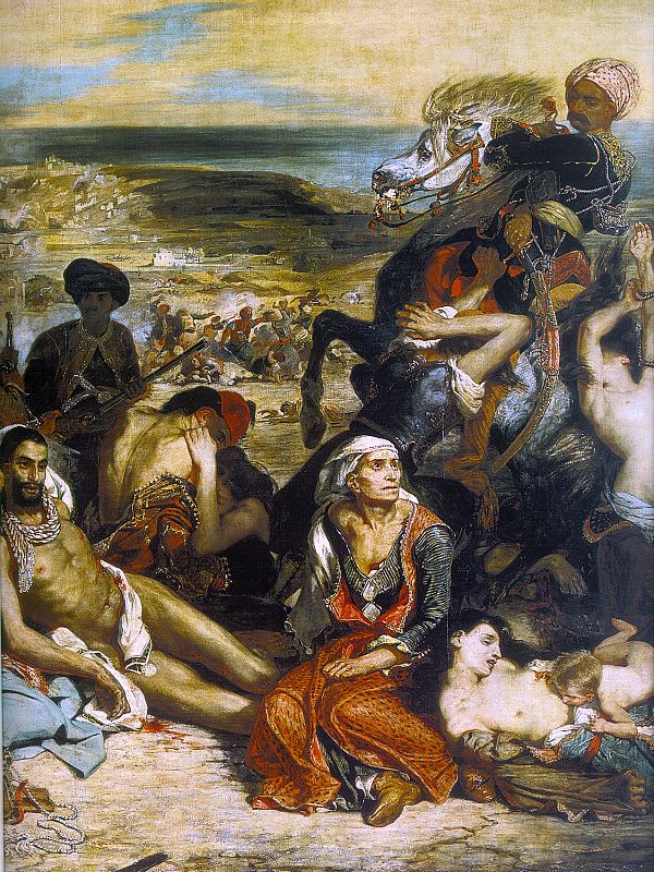 In 1822, during the War of Greek Independence, many of the Christian inhabitants of Chios were massacred or sold into slavery by the Turks. Eugène Delacroix, Massacre at Chios (1824, Oil on canvas, Louvre Museum, Paris).