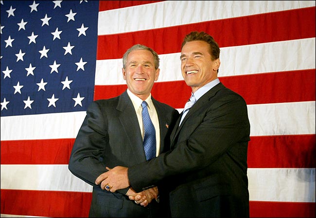 President Bush and Governor-elect Arnold Schwarzenegger, San Bernardino, California, October 16, 2003.