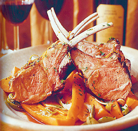 A rack of lamb with simple Mediterranean flavors, from 'The Slow Mediterranean Kitchen,' by Paula Wolfert, New York, December 2003.
