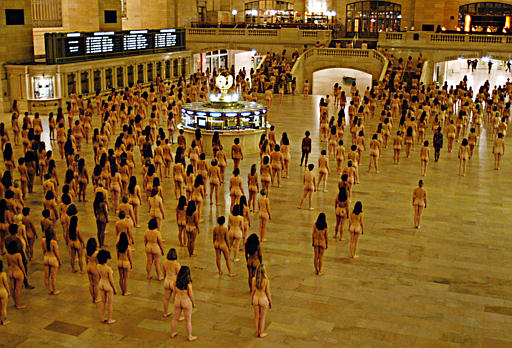 Four-hundred and fifty unclothed women prepare to be photographed by artist Spencer Tunick as part of a human art installation, New York's Grand Central Terminal, early morning, October 26, 2003