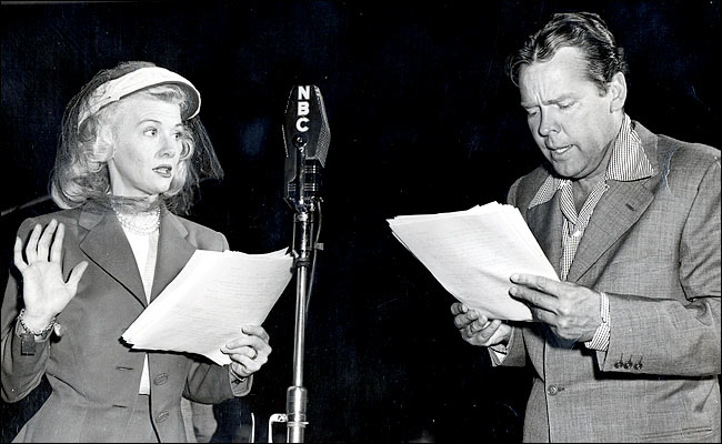 Penny Singleton, who played Blondie in films and on radio, with her co-star, Arthur Lake, as Dagwood, at the NBC studios in the late 1940's.