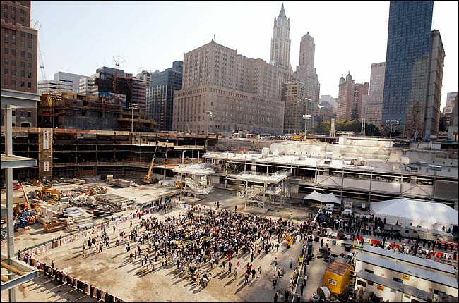 Mourners gathered at ground zero to remember those lost during the terrorist attacks on the World Trade Center, New York, September 11, 2003.