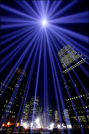 Beams of light recalled the towers of the World Trade Center, September 11, 2001.
