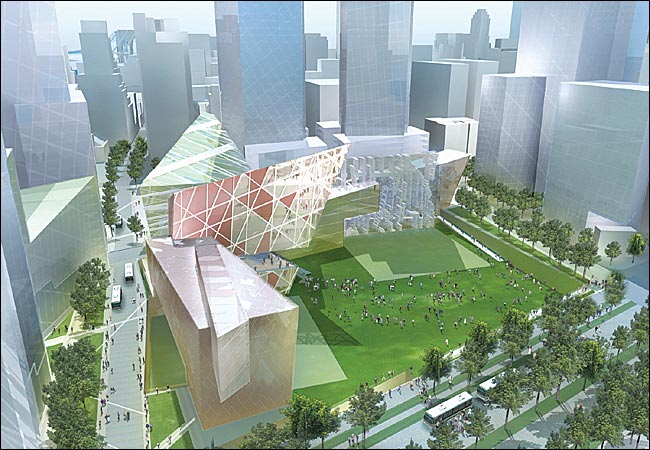 A more recently released rendering of the design for ground zero from the perspective of the World Financial Center, made available on by Studio Daniel Libeskind, September 10, 2003.