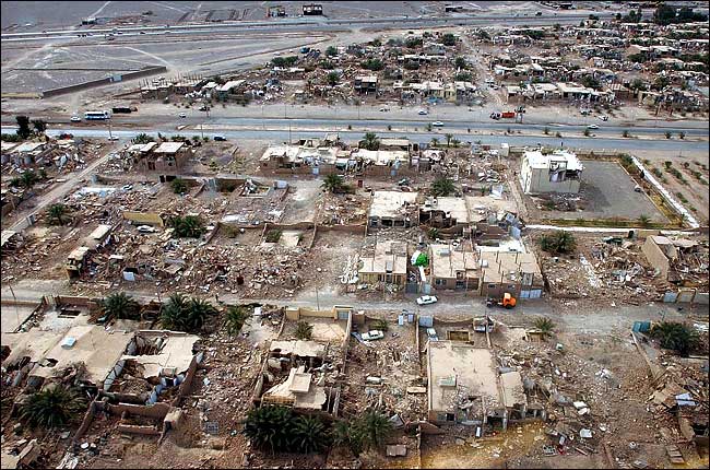 An aerial photo of a section of Bam, Iran, taken in December 27, 2003, showed that most houses had been reduced to rubble by an earthquake that hit the day before.