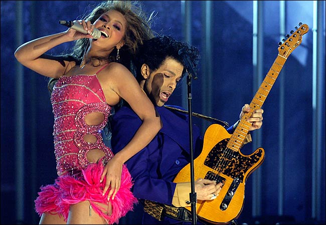 The R&B star Beyonc opened Grammy Awards with Prince and picked up six awards for music from her first solo album, Dangerously in Love, February 8, 2004.