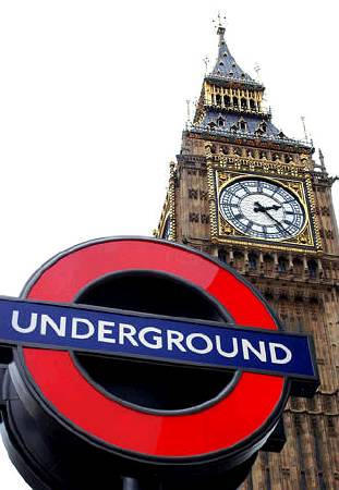 A London underground sign is pictured in front of Big Ben, early 2004.