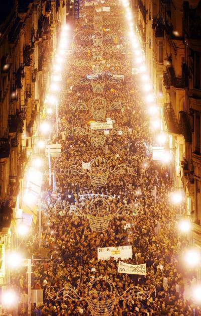 Thousands of people gather during the demonstration under the slogan 'With the victims, with the Constitution, for the defeat of terrorism' against the terrorist attack in Madrid, the centre of Valencia, Spain, March 14, 2004.