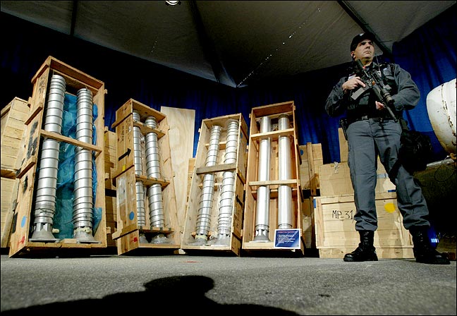 High-speed centrifuges from Libya on display at Oak Ridge National Laboratory, Tennessee, March 15, 2004.