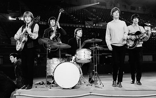 The British band The Rolling Stones (from left, Brian Jones, guitar; Bill Wyman, bass; Charlie Watts, drums; Mick Jagger, vocals; and Keith Richards, guitar), during rehearsal, April 8, 1964.