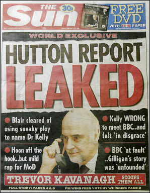 The front-page of The Sun which published a leak of the Hutton Report, January 28, 2004.