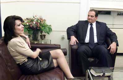 Greece New Democracy Party leader Costas Karamanlis briefed over Olympic preparations by 2004 Olympic Games Organising Committee (ATHOC) President Gianna Angelopoulos-Daskalaki, ND headquarters, August 2003.