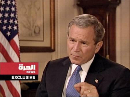 U.S. President George W. Bush makes a point during his television interview with Al-Hurra from the White House, Washington, May 5, 2004.