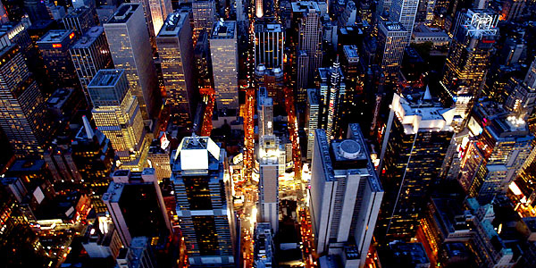 Aerial night view of Times Square, New York, 2000s.