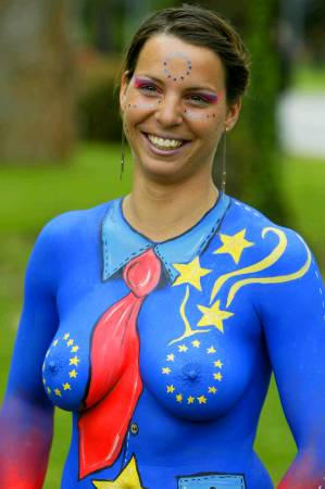 Slovenian model Vensa poses with her body painted in the European colours before a ceremeony in Nova Gorica, Slovenia, April 30, 2004.
