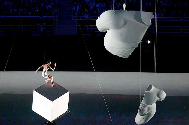 A spectacle shows modern Greece born from its mythical past, the main Olympic stadium during the Athens 2004 Olympic Games opening ceremony, August 13, 2004.