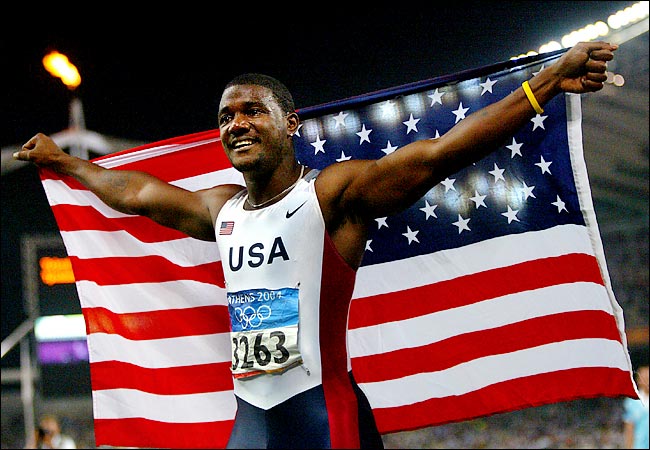 Justin Gatlin won the gold in men's 100 metres final in a time of 9.85 seconds, at the 2004 Summer Olympic Games, Athens, Greece, August 22, 2004.